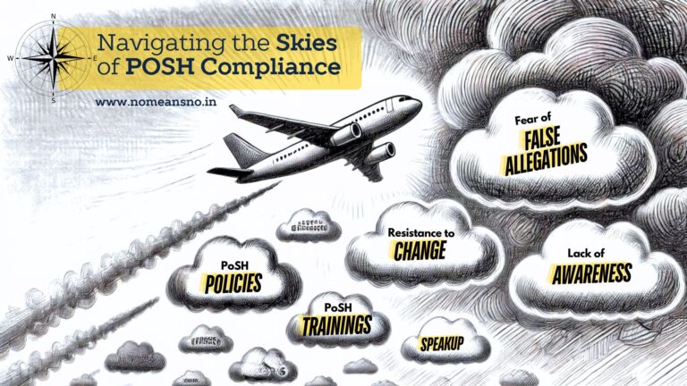 Aircraft navigating clouds labelled with PoSH compliance challenges, including lack of awareness and resistance to change