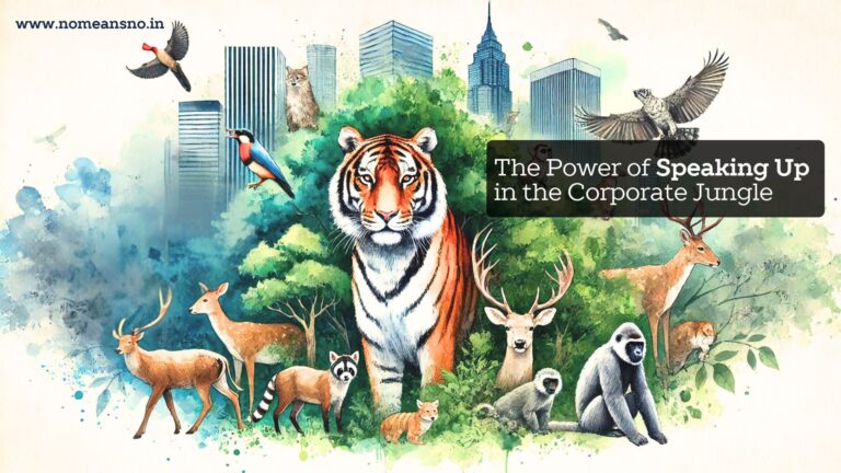 Tiger and other wildlife beside a city skyline, illustrating speaking up in the corporate jungle