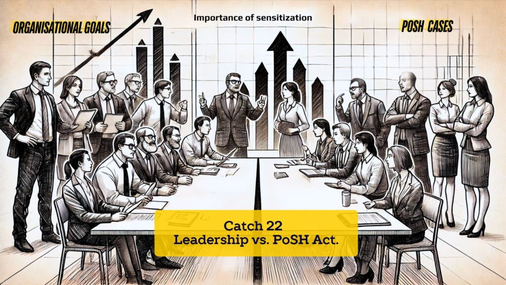 Boardroom illustration contrasting organisational growth goals, sensitisation and PoSH cases