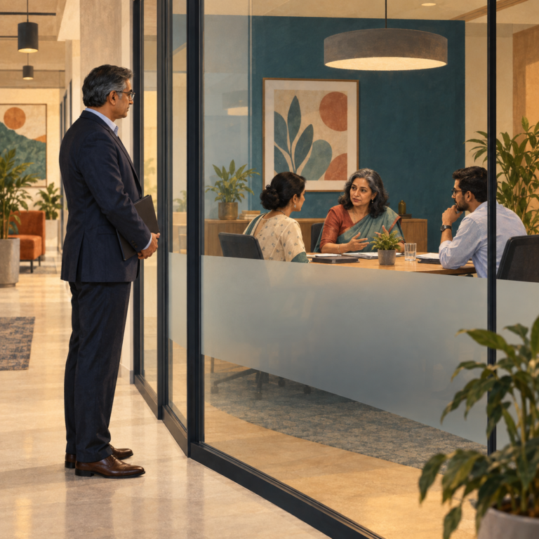 Senior leader outside a meeting room while the Internal Committee holds a discussion