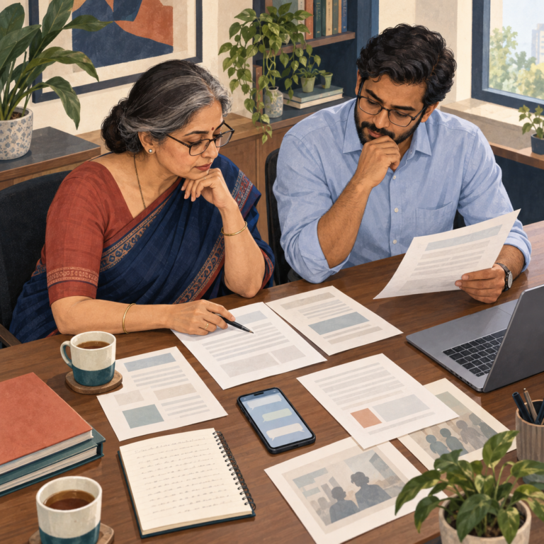 Two committee members reviewing documents and messages during an evidence assessment