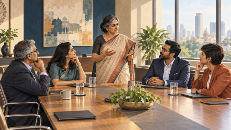 Senior leadership team discussing PoSH governance in an Indian boardroom